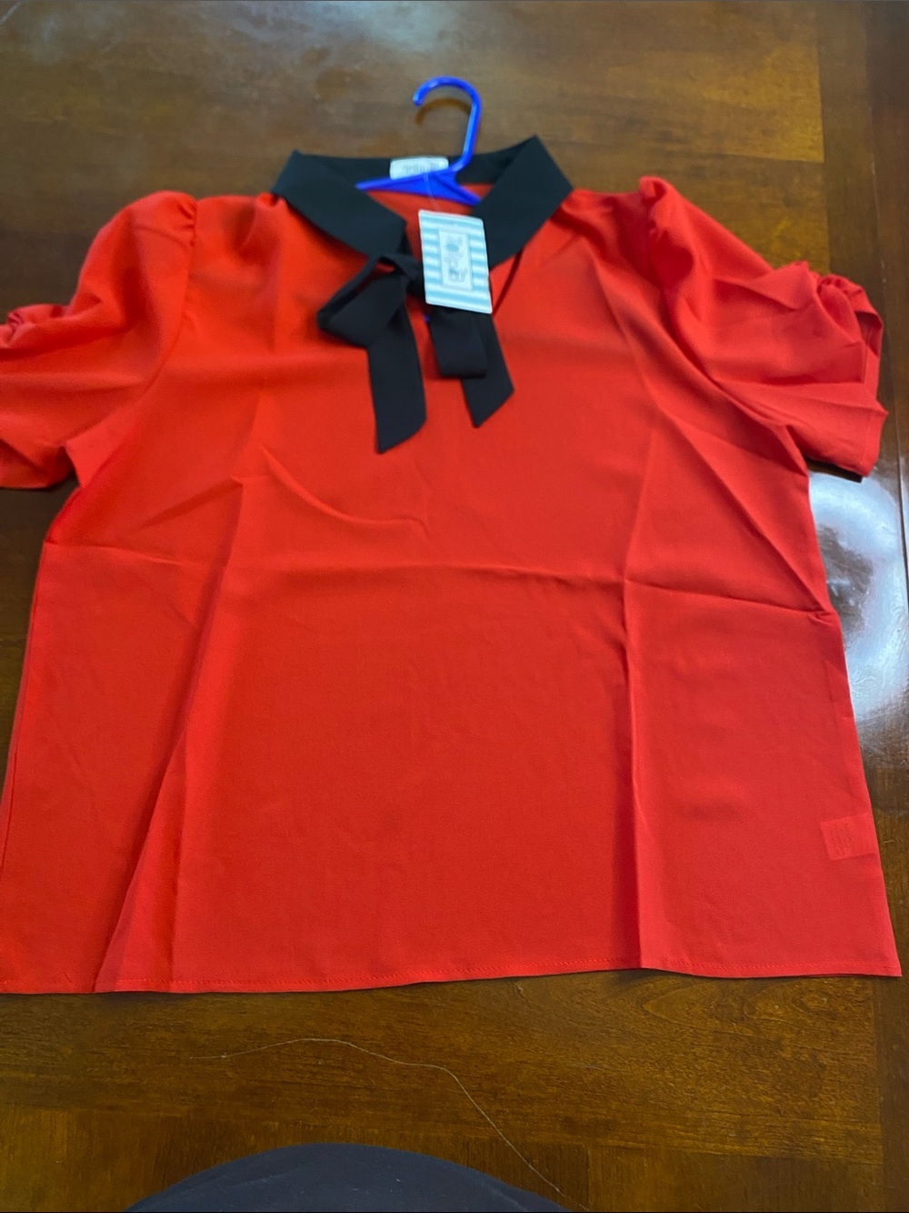Red Puff-Sleeve Bow Collar Blouse - Black Trim